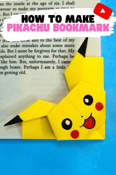 Pikachu Bookmark Diy, Pokemon Book Mark, Origami Page Marker, Marque Page Pokemon, Origami Marque Page, Easy Origami Bookmarks, How To Make Cute Bookmarks, Pikachu Craft, How To Make A Bookmark