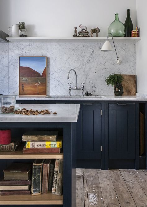 THE CURATED KITCHEN: A GUIDE British Standard Kitchen, Cabinet Colours, Maine Landscape, British Kitchen, Marble Worktops, Hague Blue, Declutter Kitchen, Kitchen Design Color, Dark Kitchen