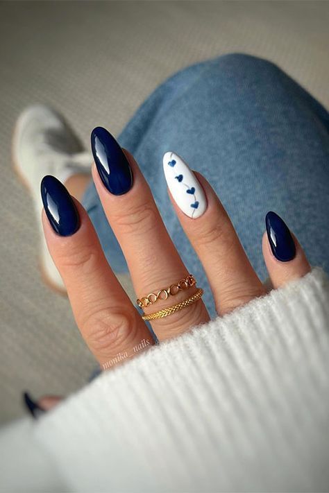 Old Money Nails, Blue Gel Nails, Money Nails, Navy Nails, Unghie Nail Art, February Nails, Girly Acrylic Nails, Heart Nails, Valentine's Day Nails