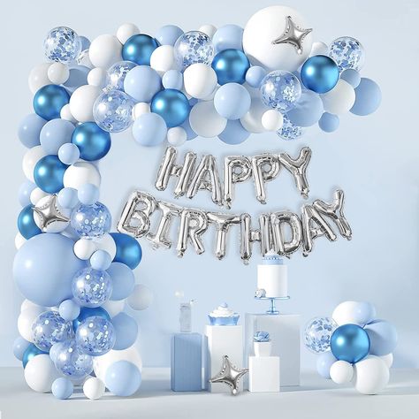 PRICES MAY VARY. White Blue Balloons Garland Arch Kit---Blue and white balloons are ideal for any party. Add these pretty and unique Blue balloons to your party, and they can add a mysterious and noble atmosphere to your party, it includes 1pc 3D Foil Happy Birthday Banner, 3pcs 10" Foil Balloons, 2pcs 18"balloons, 18pcs 12"balloons, 30pcs 10"Balloons, 25pcs 5" balloons, and comes with a strong pump and balloon garland accessories. Enough quantity and different sizes will meet the needs of your Blue Color Birthday Theme, Light Blue Mickey Mouse Birthday, White And Blue Birthday Theme, Mama Mia Balloon Arch, Cute Birthday Themes For Teens, Blue And White Birthday Decorations, Men Birthday Party Ideas Decoration Blue, Baby Blue Birthday Party Decorations, Blue Balloons Decorations