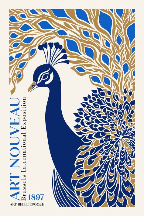 Peacock Folk Art, Peacock Illustration Design, Bird Poster Design, Peacock Aesthetic, Art Nouveau Graphic Design, Secession Art, Art Nouveau Posters, Peacock Poster, Art Nouveau Peacock