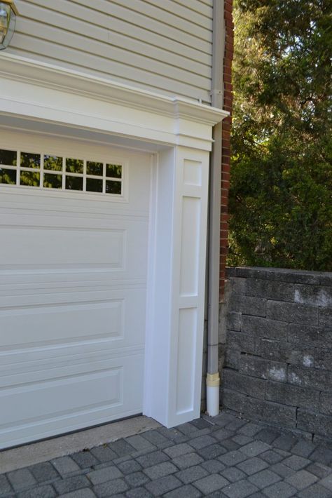 Monk's Home Improvements replaced this Randolph, NJ home's rotting and peeling garage trim with a new decorative azek trim. Garage Trim, Exterior Garage Door, Garage Door Trim, Garage Pergola, Sectional Garage Doors, Garage Door Types, Garage Door Styles, Cheap Doors, Garage Exterior