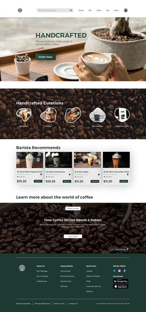 Starbucks - Webpage/Landing Page Concept Inspiration Coffee Brand Website Design, Coffee Shop Landing Page Design, Coffee Website Design Inspiration, Coffee Web Design, Coffee Landing Page, Coffee Website Design, Starbucks Website, Webpage Ideas, Coffee Websites