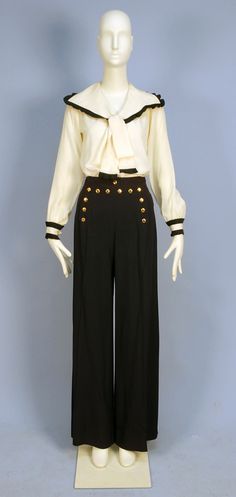 Sailor Pants Outfit, 1970 Fashion, Fashion 1970s, Sailor Pants, Tie Collar, Brass Buttons, Sailor Fashion, Fall Front, Vintage Nautical