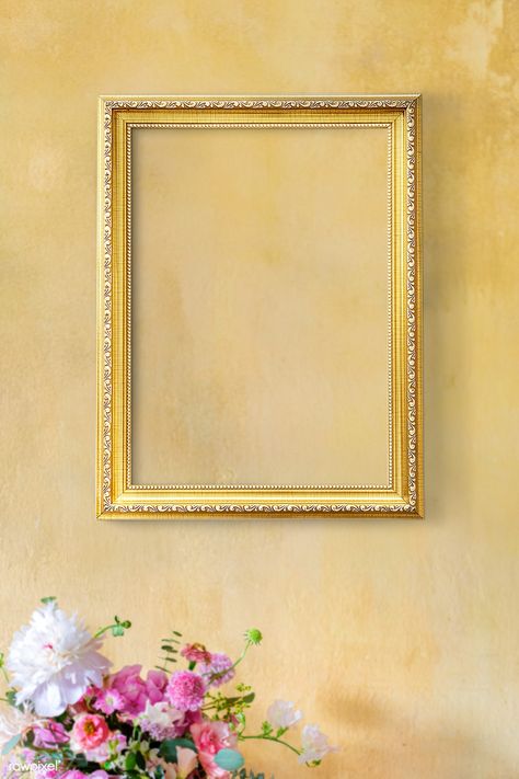 Golden frame on a yellow wall by flowers | premium image by rawpixel.com / HwangMangjoo Golden Frames On Wall, Mockup Ideas, Lion Live Wallpaper, Frame Drawing, Mughal Art Paintings, Marble Frame, Floral Mirror, Photo Frame Wallpaper, Pink Flowers Wallpaper