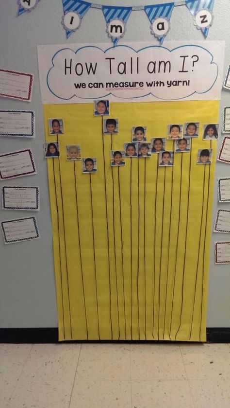 How tall am I? Yarn! Measurement Kindergarten, Kindergarten Anchor Charts, Measurement Activities, Math Madness, Prek Math, Math Measurement, Numeracy, First Grade Math, 1st Grade Math