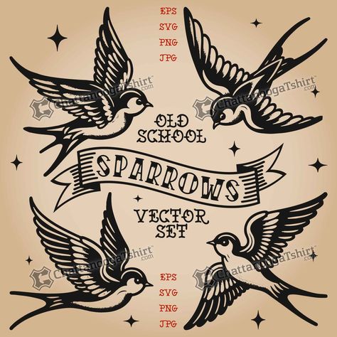 . Sparrow Drawing Tattoo, Old School Sparrow Tattoo, Traditional Sparrow Tattoo Design, Sparrow Vs Swallow Tattoo, Bird Tattoo Traditional Black, 3 Sparrow Tattoo, Traditional Tattoos Birds, Sparrow Chest Tattoo, Old School Swallow Tattoo Design