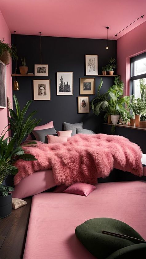 Show Room Living Room, Pink And Black Bedroom, Pink Bedroom Decor, Bedroom Decor Cozy, Dekorasi Kamar Tidur, Pink Bedrooms, Black Bedroom, Woman Bedroom, Home Decor Living Room