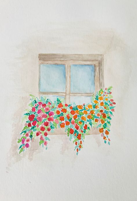 Easy Quick Watercolor Painting, Painted Flowers Watercolor, Watercolor Inspo Aesthetic Easy, Watercolour Window Painting, Art Inspo Watercolour Easy, Easy Paintings Watercolor Simple, Window Watercolor Painting Easy, Abstract Window Painting, Flower Window Drawing