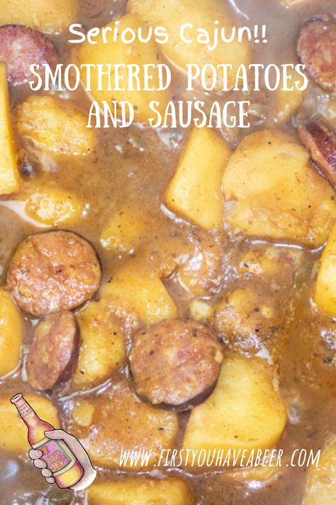 This is serious Cajun food! Inexpensive ingredients and simple processes. Potatoes and smoked sausage smothered in a rich stock with the Trinity and traditional South Louisiana seasonings. This is a great side dish but also makes a wonderful Main Dish when served over rice. Not many ingredients and simple to make, this can be on your table in about an hour! Things To Do With Smoked Sausage, Smothered Potatoes With Sausage, Cajun Smothered Potatoes And Sausage, Smoked Sausage Gumbo, Traditional Louisiana Food, Cajun Smothered Potatoes, Smothered Potatoes Southern, Traditional American Food Recipes, Smother Potatoes And Onions