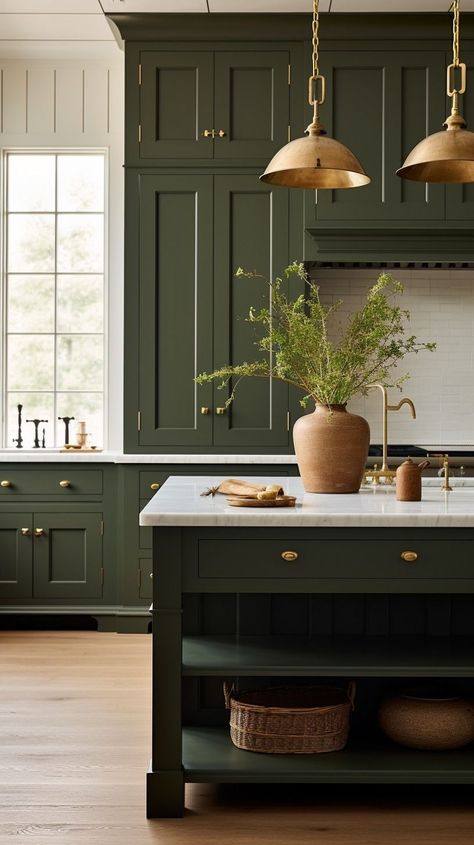 Dark Green Kitchen Cabinets Gold Hardware, Green Cabinets With Marble Countertop, Green Kitchen Dark Floor, Green And White Kitchen Aesthetic, Dark Green Kitchen Cabinets White Countertops, Green Kitchen With Marble Countertops, Army Green Kitchen Cabinets, Dark Olive Kitchen Cabinets, Dark Green Kitchen Aesthetic