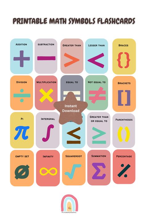 20 Printable Math Symbols Flashcards|Math Flashcards|Math Fun Learning Maths Symbols, Math Flashcards, Empty Set, Math Flash Cards, Math Symbols, Math Design, Math Learning, Math Classroom, Flash Cards