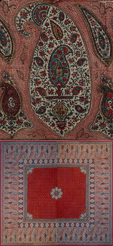 Antique Persian Textile. Antique Persian Isfahan Qalamkar Blocked Print Qajar Dynasty 1795 -1925 A.D Circa 1850 Size 128" x 122" Size 325 x 310cm Top Image is Detail Persian Textiles, Qajar Dynasty, Paisley Shawl, Iranian Art, Print Inspiration, Antique Textiles, Fabulous Fabrics, Paisley Design, Textile Patterns