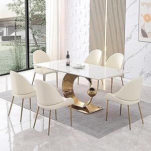 Montary 7 Piece Dining Room Set, Modern Dining Table and Chairs Set, Sintered Stone Dining Table Set for 6, White Marble Dining Table with 6 Chairs for Kitchen, Dining Room Rectangle Kitchen, Modern Kitchen Tables, Stone Dining Table, Metal Dining Table, Kitchen Table Settings, Marble Dining, Sintered Stone, Engineered Stone, Pedestal Dining Table