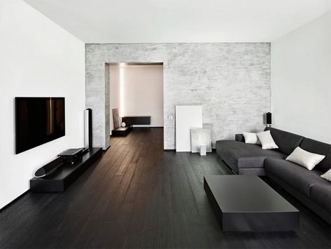 Dark Brown Hardwood Floors, Dark Brown Wood Floors, Black Laminate Flooring, Wall Color Combination, Home Theater Installation, Interior Contemporary, Dark Wood Floors, Table Rug, Audio Room