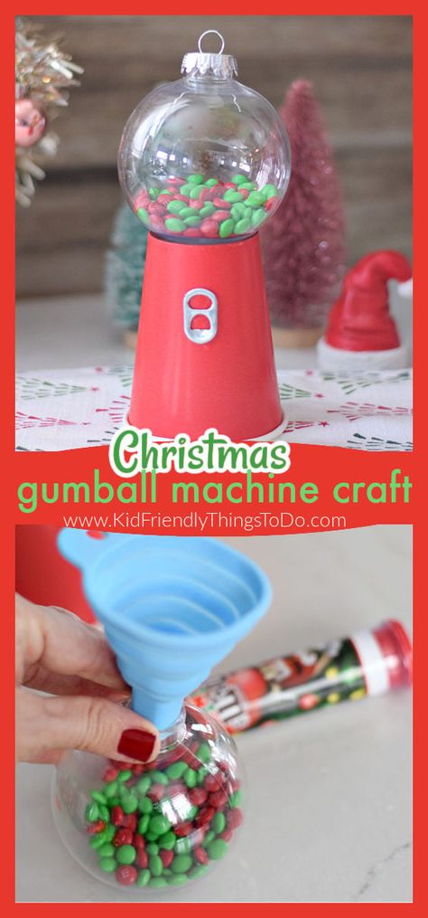 Christmas Gumball Machine, Bubble Gum Machine Craft, Gumball Machine Craft, Classroom Holiday Party, Christmas Candy Crafts, Christmas Ornaments Diy Kids, Diy Gumball Machine, Clear Christmas Ornaments, Craft To Make