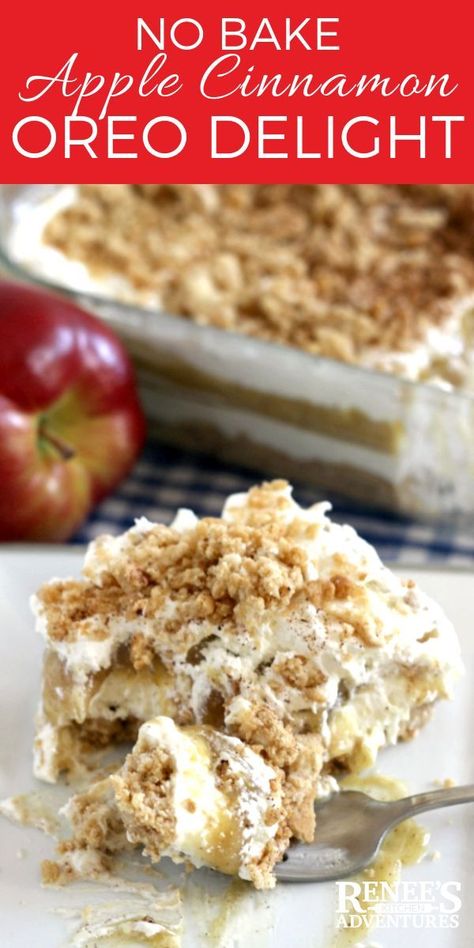 Apple Cinnamon Oreo Delight | Renee's Kitchen Adventures - easy, no bake dessert recipe full of apple and cinnamon flavors of Fall. Perfect dessert recipe for pot luck dinners and Thanksgiving and Christmas holidays! #Oreodelight #oreopuddingdessert #oreo Pie, Oreo Delight Recipe, Layered Dessert Recipes, Oreo Delight, Layered Dessert, Apple And Cinnamon, Takeout Food, Layered Desserts, Easy No Bake