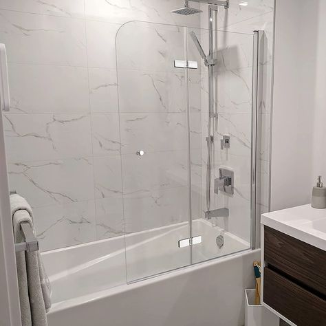 Bathtub With Glass Panel, Glass Shower Screen Over Bath, Bifold Tub Shower Door, Etched Shower Glass Door Ideas, Pivot Shower Door Frameless, Tub Glass Panel, Glass Door Bathtub, Shower Doors For Bathtub, Bathtub With Glass Door