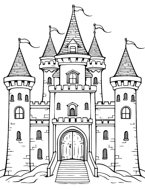 Castles Drawing Sketches, Castle Coloring Pages Free Printable, Fantasy Castle Drawing Easy, Cute Castle Drawing, How To Draw A Castle, Castle Drawing For Kids, Castle Drawing Sketches, Drawing A Castle, Fantasy Castle Drawing