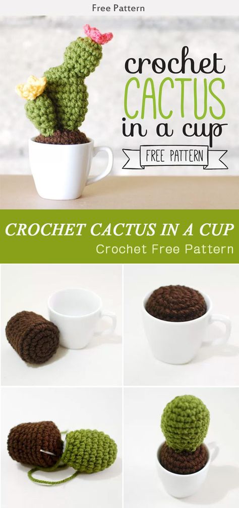 Crochet Cactus In A Cup Free Pattern Crochet Cactus Free Pattern, Cactus Cup, Crochet Succulent, Crochet Puff Flower, Crochet Cactus, Pola Amigurumi, Crochet Plant, Crochet Flower Patterns, Love Crochet