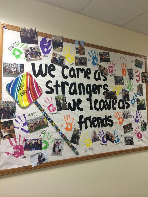 End of the year closing board! "We came as strangers we leave as friends". Handprints of each resident with their signature next to it. Residents emailed me their photos and I put them up all over. I even put up our hallway sign from orientation week. Orientation Week Activities, We Came As Strangers We Leave As Friends, Look Who Is In Our Class Bulletin Board, Signature Board Ideas, Friendship Board, Handprint Wall, Senior Class Decoration Ideas, Photo Bulletin Board Ideas, Picture Bulletin Board Ideas