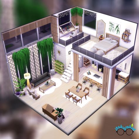 Studio 1BTH home by itsKujaKat | available on the Gallery Simple Home Design, Sims 4 Loft, Casas The Sims Freeplay, Sims 4 Houses Layout, Rumah Minecraft Sederhana, Sims Freeplay Houses, Design Hacks, Sims 4 House Plans, Sims 4 House Building