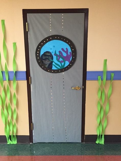 Under The Sea Class Decoration, Under The Sea Party Ideas Decoration, Under The Sea Hallway Theme, Underwater Hallway Decorations, Under The Sea Office Decor, Submarine Decorations Under The Sea, Under The Sea Door Theme, Vbs Sea Theme, Breaker Rock Beach Classroom Decorations