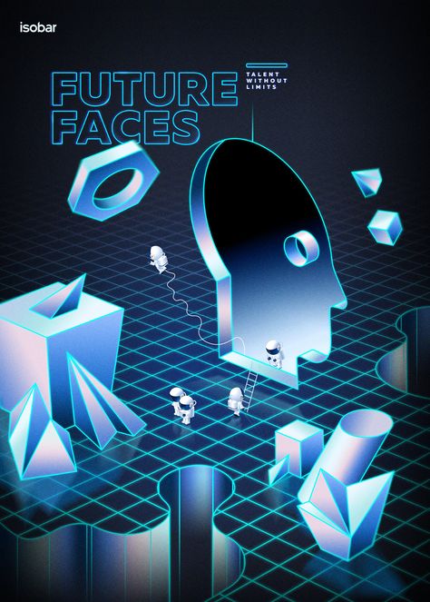 Isobar Future Faces 2017 on Behance Futuristic Illustration Design, Tech Poster Design Inspiration, Future Design Graphic, Future Graphic Design, Futuristic Design Graphic Illustration, Futuristic Poster Design Inspiration, Futuristic Pubmat, Future Illustration, Future Poster