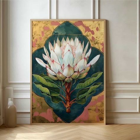 🌸 Immerse yourself in the stunning vibrancy of this artwork, featuring a breathtaking protea at its center, intricately detailed in lush greens and soft whites against a rich emerald backdrop. The golden accents frame the piece beautifully, creating a striking contrast that draws the eye. ✨ What makes this work truly unique is the delicate interplay of textures, from the glossy petals to the textured background, inviting viewers to explore every inch. 💚 This piece evokes a sense of calm a... Emerald Backdrop, Artwork For Wall, Protea Flower, Flower Poster, Wall Art Posters, Botanical Artwork, Dream Studio, Art Tropical, Gallery Wall Art