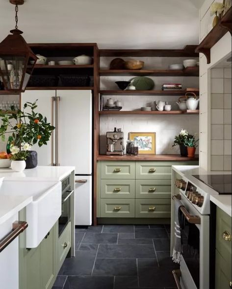 greens and browns w/ grays https://www.hunker.com/ Green Kitchen Cabinets, Green Cabinets, Grey Flooring, Kitchen Cabinet Colors, Decor Minimalist, Green Kitchen, Cabinet Colors, Counter Tops, Black Kitchens