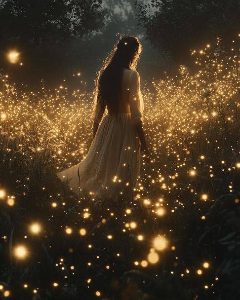 With every step she takes, the fireflies gather, lighting her path as if drawn to the magic in her soul✨🌙✨ Goodnight 😴 . . . . #chasingfireflies #lightningbugs #goodnightinstagram #dailyaiart #aidaily #dailyai #aiartcommunity #fantasyartwork #magicalnight Night Magic Aesthetic, Firefly Landscape, Firefly Catching, Light Magic Aesthetic, Fireflies Drawing, Fantasy Magic Aesthetic, Firefly Aesthetic, Fireflies Aesthetic, Fireflies Illustration