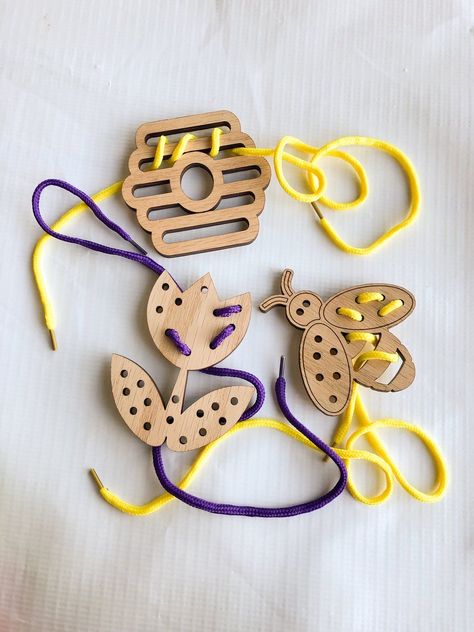 Wooden Lace Up Toys, Many Styles Available – A Vision to Remember Lacing Toy, Lézervágott Fa, Lacing Cards, Laser Cut Wood Crafts, Sewing Cards, Laser Engraved Ideas, Wooden Shapes, Kids Wood, Wood Creations