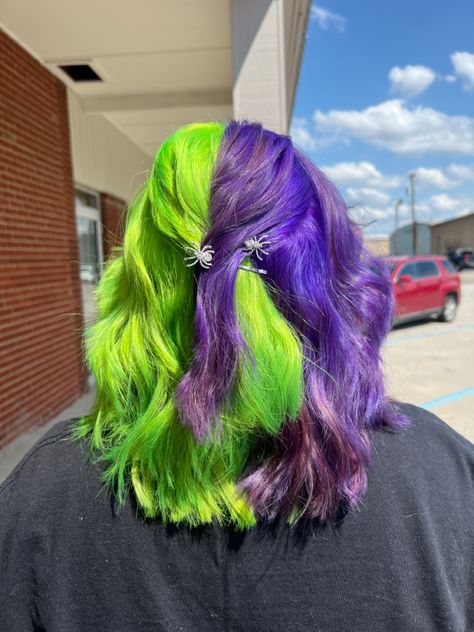 Green And Purple Hair Split, Purple Split Dye, Halloween Hair Dye, Split Dye Hair Ideas, Dye Hair Ideas, Purple And Green Hair, Split Dye Hair, Half And Half Hair, Split Dye