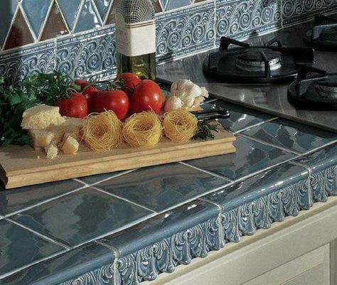 Kitchen Counter Tile, Blue Kitchen Tiles, 80s Kitchen, Tile Countertops Kitchen, Counter Ideas, Modern Backsplash, Tile Counters, Farmhouse Kitchen Remodel, Kitchen Counter Top