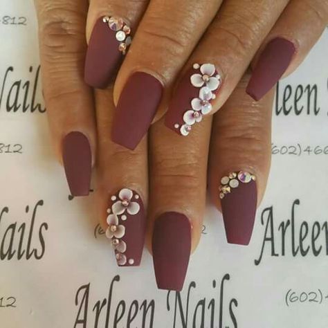 3d Flower Nails Coffin, Diamond Nail Art Design, Burgundy Nail Art, Bridal Nails Designs, Diamond Nail Art, 3d Nail Designs, Bridal Nail Art, Queen Nails, 3d Flower Nails