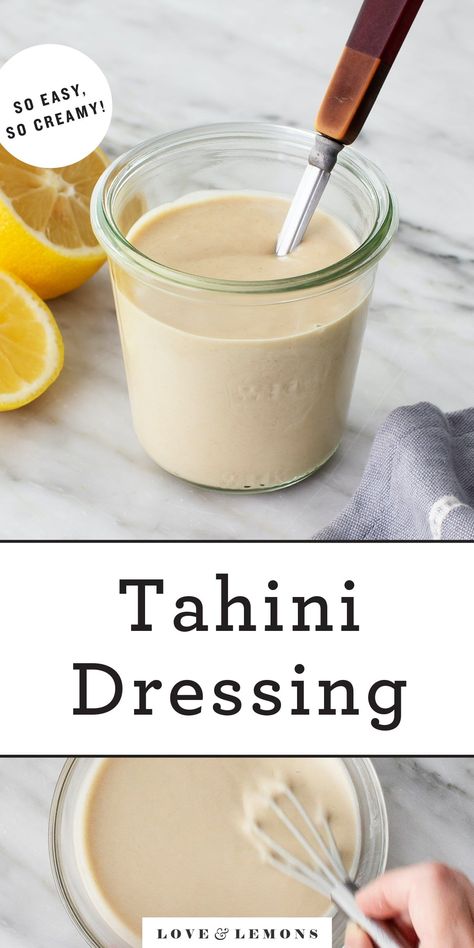 Keep this tahini dressing recipe on hand at all times! It's creamy, rich, nutty, and bright - perfect for tossing with salads and drizzling over roasted veggies, grain bowls, falafel, and more. | Love and Lemons #tahini #dressing #mealprep #healthyrecipes Sauce Photography, Vegan Tahini Dressing, Baguette Recipes, Miso Tahini, Tahini Salad Dressing, Sweet Potato Salad Recipe, Tahini Dressing Recipe, Roasted Cauliflower Salad, Butternut Squash Salad