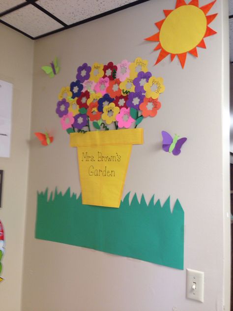 Spring display with student names Classroom Name Board Ideas, Student Names Bulletin Board, Learning Provocations, Preschool Transitions, Elementary Bulletin Boards, Daycare Classroom, Spring Display, Teacher Bulletin Boards, Infant Classroom