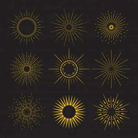 Premium Vector | 9 art deco vintage sunbursts collection with geometric shape, light ray. set of vintage sunbursts in different shapes. Rays Tattoo, Art Deco Sun, Geometric Patterns Drawing, Sunburst Art, Art Deco Logo, Art Deco Tattoo, Art Deco Ideas, Art Deco Shapes, Art Deco Bar