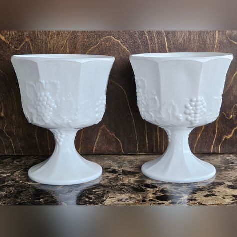 Set Of 2 Milk Glass Pedestal Compote Bowl Harvest Grapes Pattern Indiana Colony Glass 6.5" Tall And 5.5" Wide Rim To Rim No Chips Or Cracks Milk Glass Decor, Milk Glass Collection, Glass Pedestal, White Milk Glass, Indiana Glass, Glass Decor, Cut Glass, Milk Glass, Glass Collection