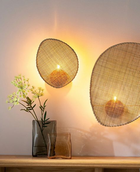 Applique murale rotin : mes coups de coeur | My Blog Deco Small Wall Lights, Large Wall Lighting, Wall Lamps Living Room, Rattan Lamp, Hanging Light Fixtures, Creative Living, Luminaire Design, Styl Boho, Am Pm