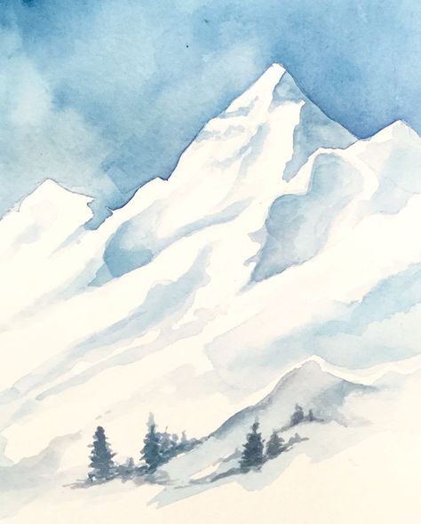 Snowy Landscape Drawing, How To Paint Snowy Mountains, Snowy Watercolor Landscape, Snowy Landscape Watercolor, Snowy Mountains Watercolor, Snowy Landscape Art, Watercolour Mountains Landscapes, Snowy Mountain Drawing, Snowy Landscape Painting