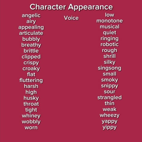 Writing Voice Description, Voice Description Words, Description For Characters, Book Description Writing Tips, Character Looks Description, Imagery Writing, Descriptive Words For Voice, Voice Writing, Voice Tones Writing