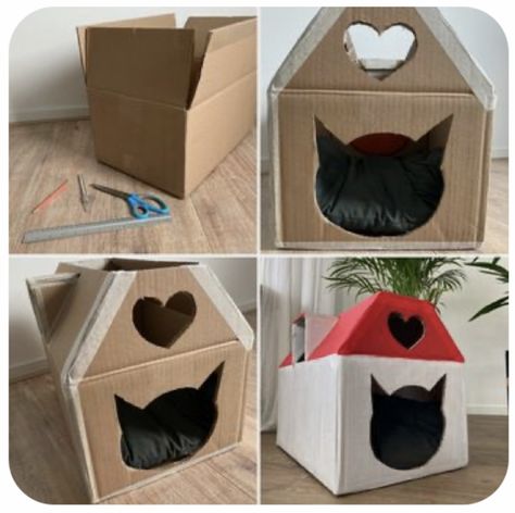 Cat House Diy Cardboard, Diy Cat Tent, Cardboard Box Diy, Katt Grejer, Kat Diy, Diy Cat Bed, Cardboard Cat House, Homemade Cat Toys, Diy Cat Tree