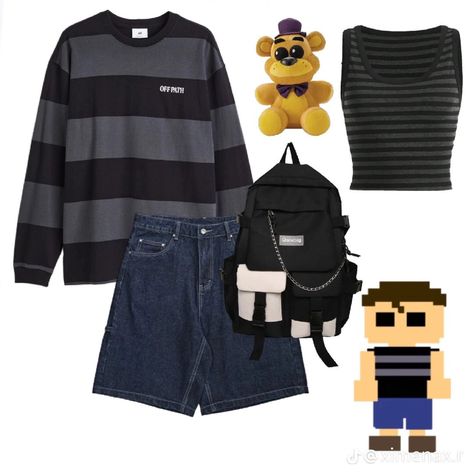 Afton Family Halloween, Casual Fnaf Cosplay, Halloween Fnaf Costumes, Michael Afton Inspired Outfit, Freddy Fazbear Inspired Outfit, Micheal Afton Outfit, Elizabeth Afton Cosplay Outfit, Fnaf Pjs, Wybie Outfit Ideas