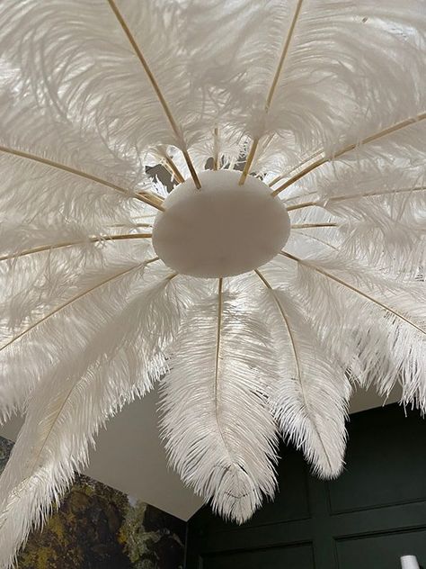 Diy Feather Decor, Faux Chandelier, Magic Light Trick, Diy Feather, Feather Chandelier, Jenna Sue Design, Feather Lamp, Feather Centerpieces, Jenna Sue