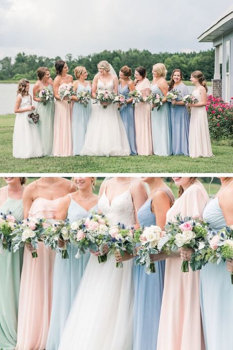 Lovely pastel bridesmaids dresses in a summer wedding from Azazie.  Check out this Summer wedding.  Azazie dresses, Spring wedding, Flagstone Farm, Outdoor wedding, Bridal Party, Tuscaloosa Wedding, Alabama Wedding, Fort Worth Wedding Photographer, Wedding Bouquet, Spring Bouquet May Wedding Colors Bridesmaid Dress, Multi Color Bridesmaid Dresses Pastel, Pastel Wedding Party Attire, Pastel Bouquet Wedding Bridesmaid, Summer Pastel Bridesmaid Dresses, Pastel Spring Wedding Bridesmaids, Outdoor Summer Wedding Bridesmaid Dresses, Pastel Wedding Bridal Party, Mismatched Bridesmaid Dresses Spring Pastel Colors