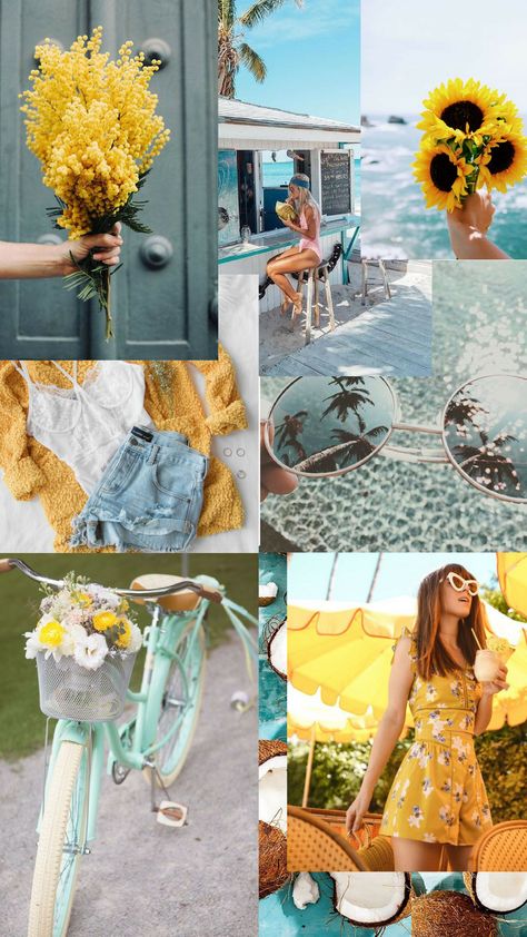 I said in the intake that I did not like yellow, but I do like how it pops against the green and blues in this board Blue And Yellow Mood Board Aesthetic, Kurti Variation, Mood Board Yellow, April Mood Board, Summer Phone Wallpaper, Summer Mood Board, Summer Phone, Mood Vibes, Mood Colors