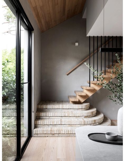 Curved Kitchen, Brick Steps, Timber Battens, Interior Stairs, Australian Homes, The Design Files, Staircase Design, Stairs Design, Inspired Homes