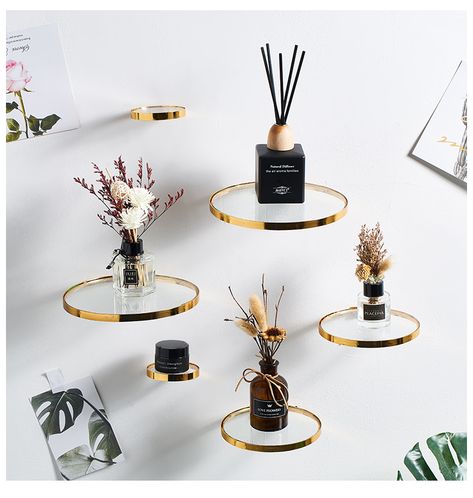 Glass Round Gold Edge Ledge Simple Flowers Wall Shelves Plant Pot Vase Ornaments Rack Shelf Crafts Home Decoration Other Decor From Beautyfours, $44.26 | DHgate.Com Float Shelf, Floating Glass Shelves, Glass Wall Shelves, Home Decor Shelves, Wall Shelf Decor, Decorating Shelves, Modern Shelving, Estantes Flotantes, Decoration Inspiration