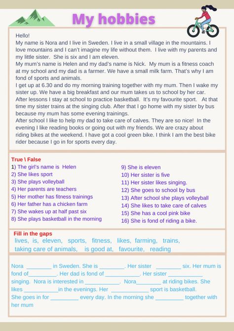 Reading For Beginners Worksheets, Esl Reading Comprehension Worksheets, Comprehension For Grade 4 Worksheet, Reading Comprehension For Grade Four, Hobbies Reading Comprehension, Reading Comprehension Grade 4 Worksheets, Grade 6 English Worksheets Reading Comprehension, Improving Reading Comprehension, Reading Grade 5 Worksheet